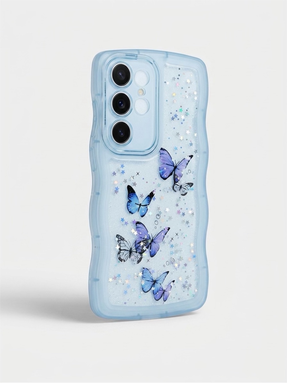 Blue Butterfly Glitter Phone Case - Clear Protective Cover Samsung S25 Ultra